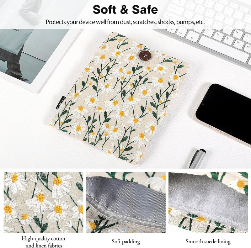 MoKo 6-7" Embroidered Daisy Padded Sleeve Pouch for Fire 7 2022, 7" Kindle Colorsoft Signature Edition 2024, Kindle 11/10/8 Gen, Paperwhite 11th/10th Gen, Pouch for Voyage/Kobo eReader, Beige - Image 3